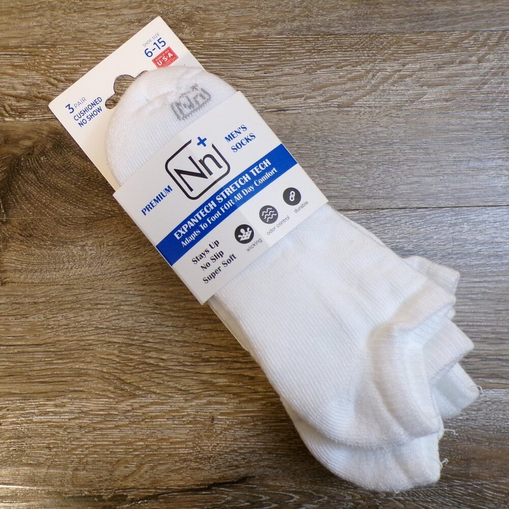 No nonsense Men's NWT Cushioned No Show Socks 3 Pair White Size 6 -15 USA